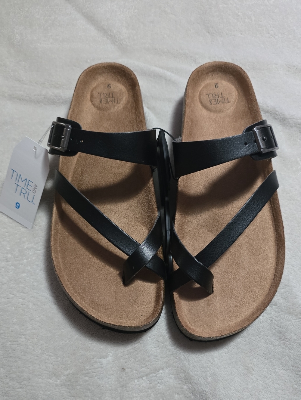 Time and Tru Black Strappy Cork-Style Footbed Sandals - Size 9